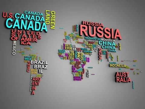 The world map with all states and their names 3d illustration on grey Stock Illustration