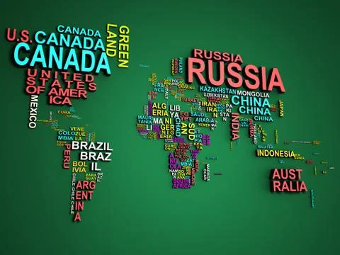The world map with all states and their names 3d illustration on green Stock Illustration