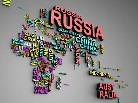 The world map with all states and their names 3d illustration on grey Illustrazione stock