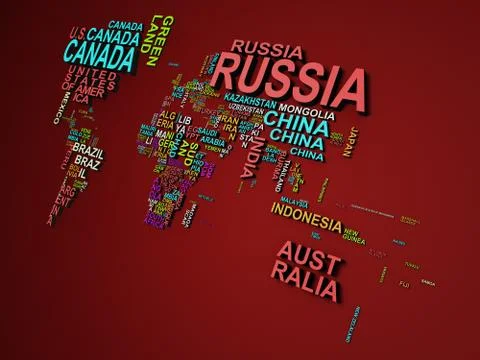 The world map with all states and their names 3d illustration on red Stock Illustration