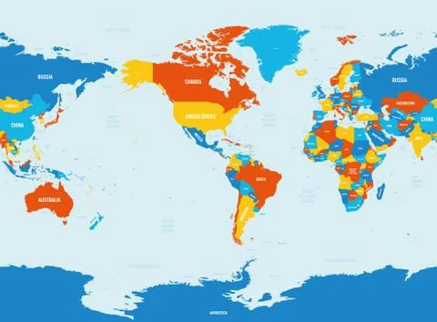 World map - America centered. 4 bright color scheme. High detailed political map Stock-Illustration