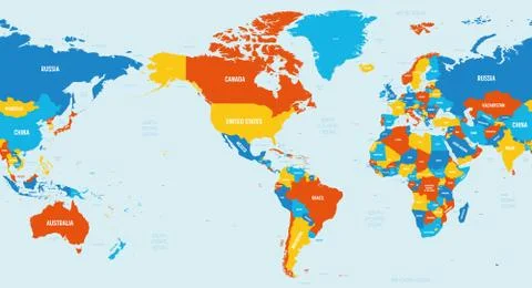 World map - America centered. 4 bright color scheme. High detailed political map Stock-Illustration