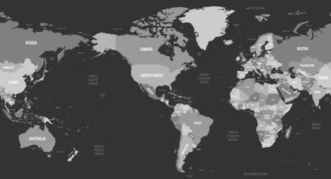 World map - America centered. Grey colored on dark background. High detailed Stock Illustration