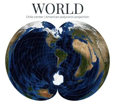 World Map in American polyconic projection. High detail physical map of Ear.. Ilustração Stock