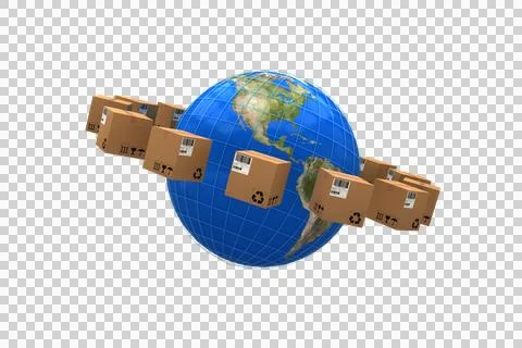 World map amidst brown boxes 스톡 일러스트