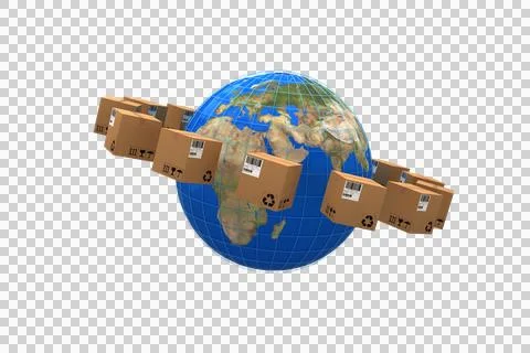 World map amidst cardboard boxes Foto stock