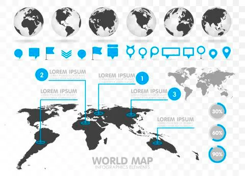 World map and 3D globe set with infographics elements. 스톡 일러스트
