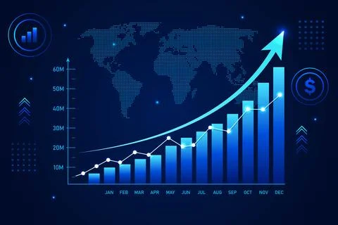 World map and blue bar graph showing economic progress Illustrazione stock