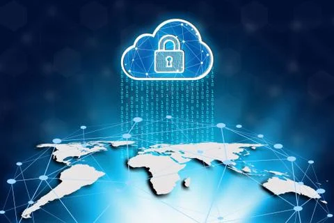 World map and cloud on a technology background,  Cyber Security Data Protecti Stock Illustration