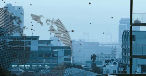 World map and coding animation over cityscape with buildings and cranes Video stock 303615922