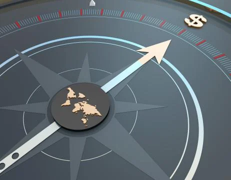 World map and compass, dollar economy, career development and direction Stock Illustration
