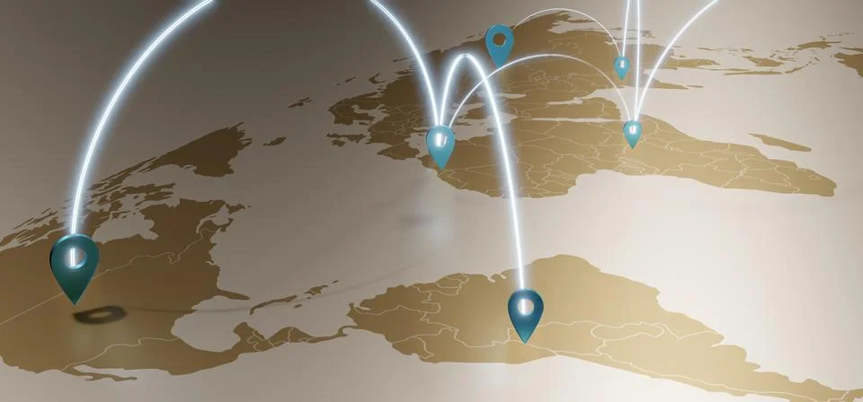 World map and coordinate pins GPS navigation system communication links 3D .. Ilustración de archivo