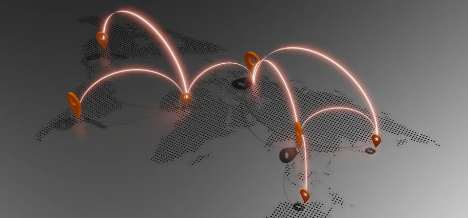 World map and coordinate pins GPS navigation system communication links 3D .. Ilustración de archivo