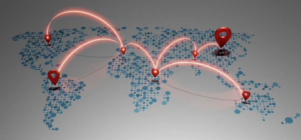 World map and coordinate pins GPS navigation system communication links 3D .. Ilustración de archivo
