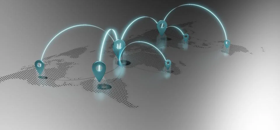 World map and coordinate pins GPS navigation system communication links 3D .. Ilustración de archivo