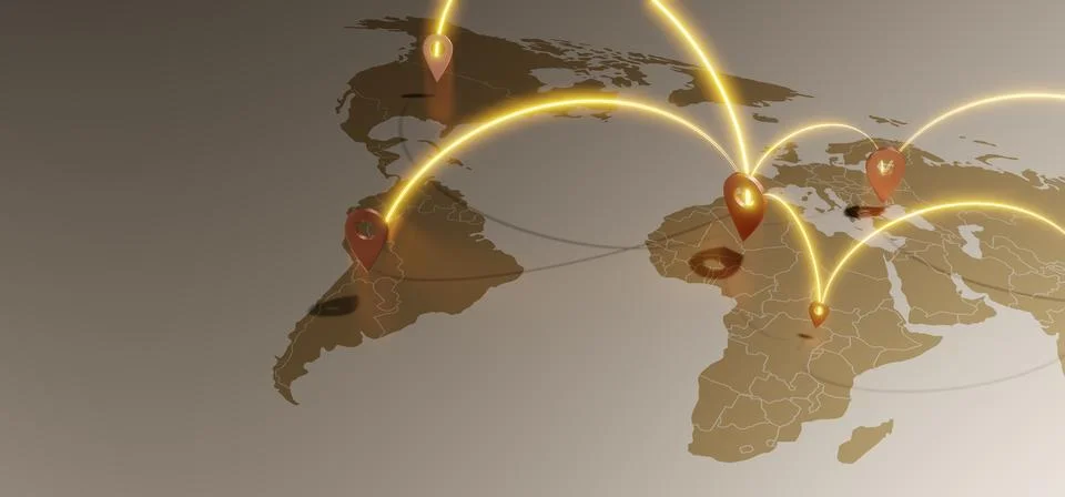 World map and coordinate pins GPS navigation system communication links 3D .. Ilustración de archivo