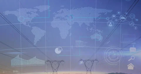 World map and data analytics animation over power lines at sunset Stock Footage 305884382
