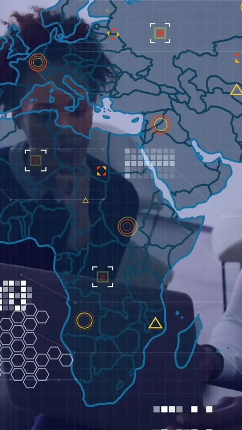 World map and data analytics animation over business people in office Stock Footage 344803496