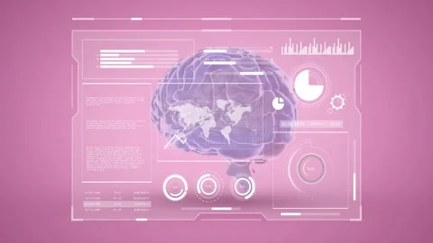 World map and data charts over brain, scientific research animation on pink Stock Footage 303685341