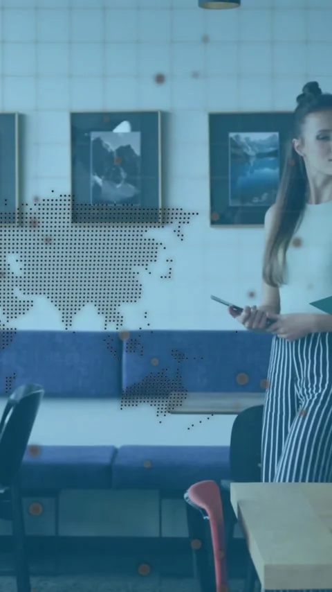 World map and data points animation over diverse colleagues discussing in modern Stock Footage 342997306