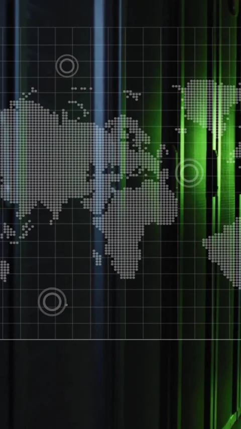 World map and data points animation over person walking in data center Stock Footage 342997338