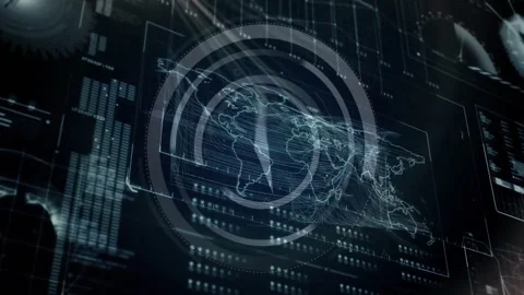 World map and data processing animation with circular interface elements Stock Footage 305021555