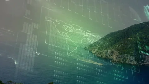 World map and data processing animation over coastal landscape with ocean Stock Footage 305285191