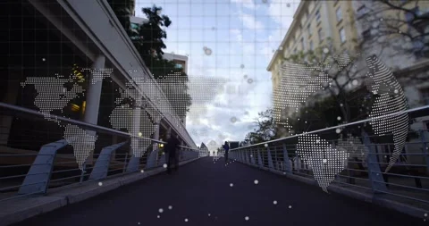 World map and data processing over time-lapse of city bridge Stock Footage 316460875