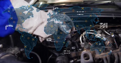 World map and data processing animation over car engine in workshop Stock Footage 327124884