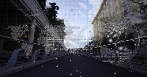 World map and data processing over time-lapse of city bridge 写真素材