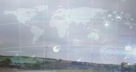 World map and data visualization animation over wind turbines in rural landscape Stock Footage 305366986
