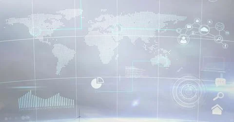 World map and data visualization image over wind turbines in rural landscape Ilustração Stock