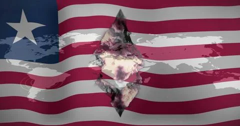 World map and diamond shape image over waving American flag Ilustração Stock