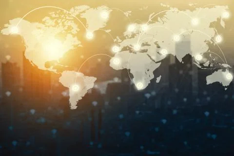 World map and digital connection technology icons with blurred city on backgr Foto stock