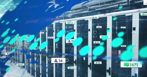 World map and digital icons with increasing numbers against computer server room イラスト素材