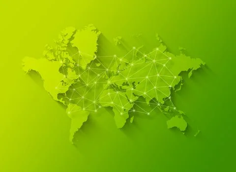 World map and digital network illustration on a green background Stock Illustration