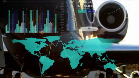 World map and financial data processing animation over airplane engine Stock Footage 303684573