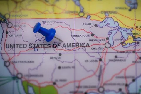 World map and flag focus on america Stock Photos