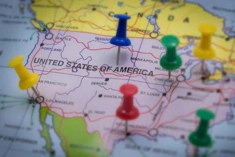 World map and flag focus on america Stock Photos
