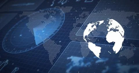 World map and global connections image over blue digital grid background Ilustração Stock