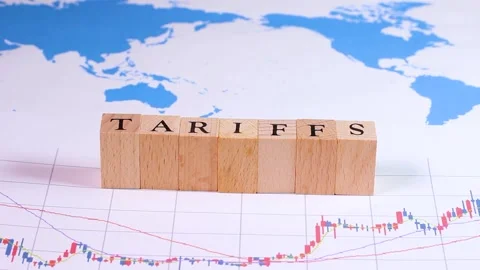World map and graph with the word "TARIFFS", rotating Stock Footage 313413450
