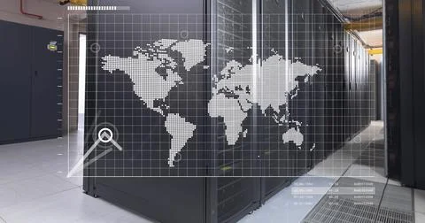 World map and graphs processing data over computer server room Stock Photos