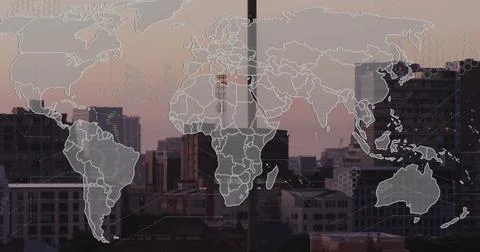 World map and hexagonal patterns image over cityscape at dusk Stock Photos