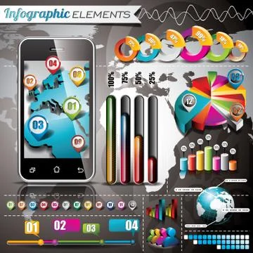 World map and information graphics on mobile phone Stock Illustration