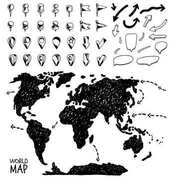 World map and location designation markers set, hand drawn doodle vector Stock Illustration