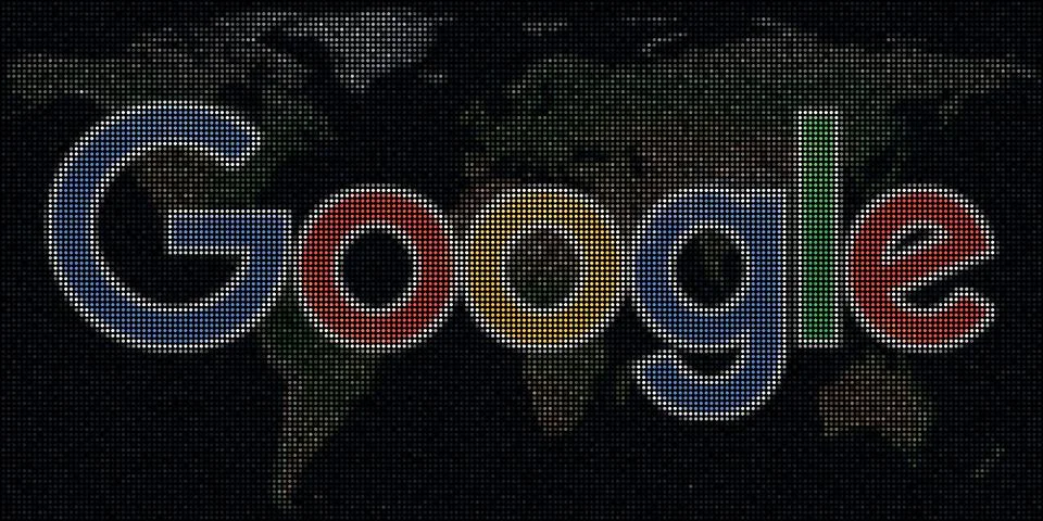 World map and logo of GOOGLE made with dots. Editorial illustration Illustrazione stock