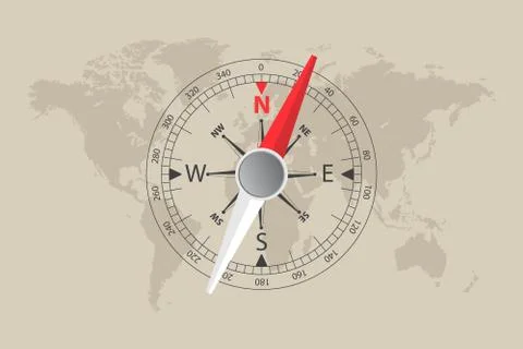 World map and magnetic compass vector illustration. Stock Illustration