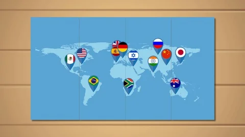 World map and map pointer with flags. 스톡 동영상 94978265