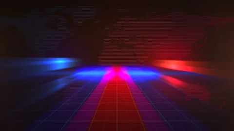 World map and neon blue and red stripes in studio Stock Footage 196848991