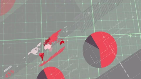 World map and pie chart data visualization animation over grid background Stock Footage 304101394